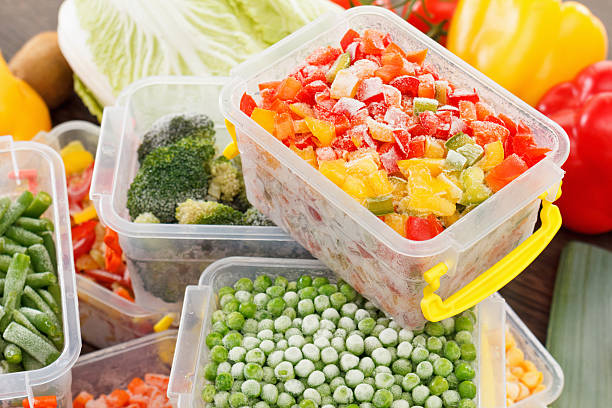 cook good frozen food recipes vegetables in plastic containers. Healthy freezer food and meals.